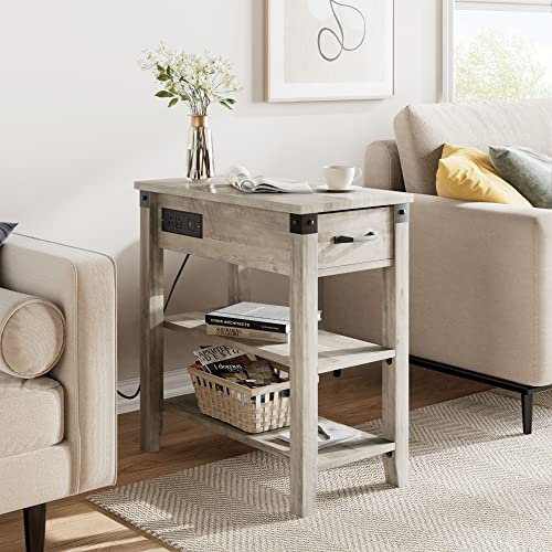 GAOMON End Table with Charging Station, Narrow Side Table with Drawer and Storage End Table Wood Farmhouse Bed Side Table/Night Stand -Grey