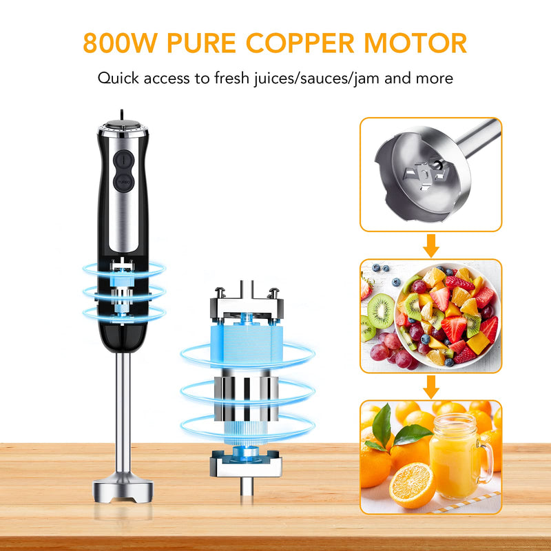 Acekool 800W Immersion 5-in-1 Hand Blender 12 Speed Stainless Steel Stick Blender with Turbo Mode