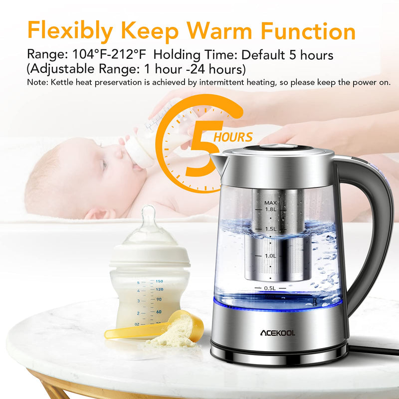 Smart Electric Kettle with Temperature Control, 5 Presets Electric Tea Kettle with Removable Infuser, 2 Hours Keep Warm with Auto Shut Off , 17L, Glas